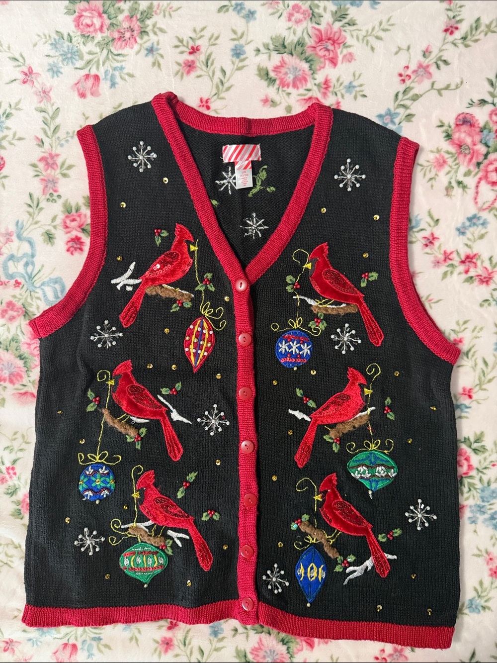 Black & Red Cardinal Embroidered Sweater Vest